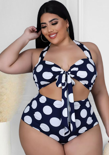 Plus Size Dot Print Navy Blue Cami Halter Bikini Two Piece Set