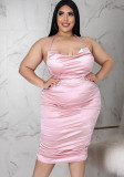 Plus Size Pink Silk Sleeveless Cami Halter Ruched Midi Dress