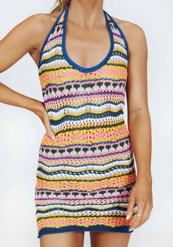 Blue Knitted Sleeveless Cami Halter Mini Dress