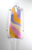Color Block Knitted Sleeveless Cami Halter Mini Dress