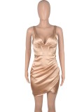 Gold Silk V-Neck Sleeveless Cami Mini Slinky Dress