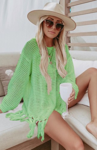 Green Crochet Drop Shoulder Long Sleeves Fringed Cover-Up