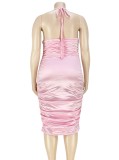 Plus Size Pink Silk Sleeveless Cami Halter Ruched Midi Dress