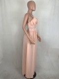 Pink Lace Patchwork Cami Halter Sleeveless Maxi Dress