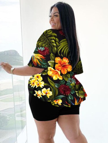 Plus Size Floral Print Black V-Neck Half Sleeves Tie Ruffle Shirt and Short 2PCS Set