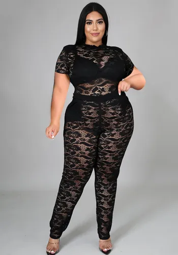 Plus Size Black Lace See Through Round Neck Short Sleeves Top and Pants 2PCS Set