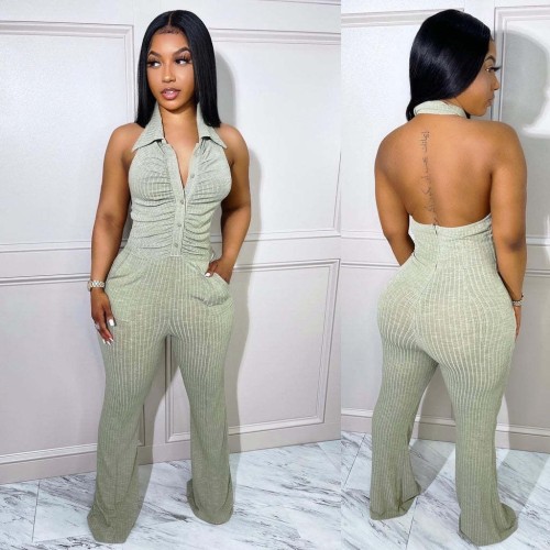 Gray Ribbed Plain Color Sleeveless Sexy Backless Jumpsuit