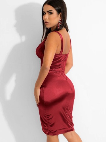 Red Silk V-Neck Sleeveless Cami Mini Slinky Dress