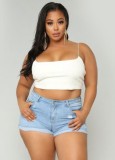Plus Size Lt-Blue High Waist Zip Fly Distressed Jeans Shorts with Pocket