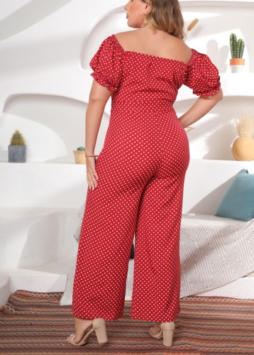 Plus Size Dot Print Red Short Sleeves Belted Wide Leg Jumpsuit