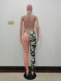 Floral Print Orange Halter Cami Backless Lace Up Crop Top and Pants 2PCS Set