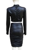 Black PU Leather Turtleneck Long Sleeves Crop Top and High Waist Ruched Skirt 2PCS Set