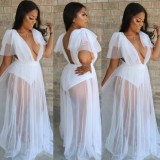 White Chiffon See Through Deep-V Short Sleeves Ruffle Maxi Dress