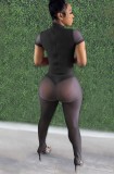 Black Turtleneck Short Sleeves Tight Bobysuit and Pants 2PCS Set