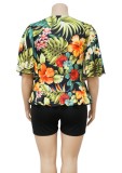 Plus Size Floral Print Black V-Neck Half Sleeves Tie Ruffle Shirt and Short 2PCS Set