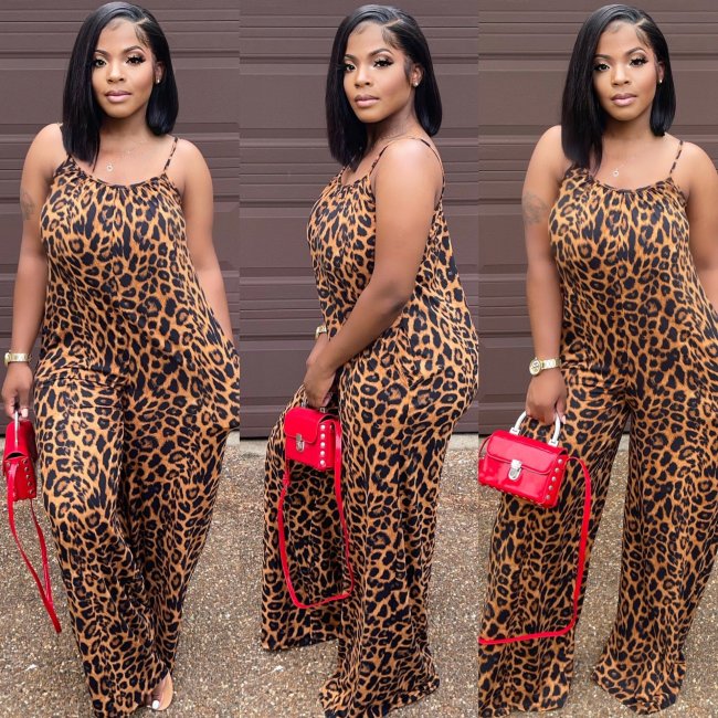 Straps Sexy Print Leopard Wide Leg Jumpsuit