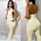 Brown Ribbed Plain Color Sleeveless Sexy Backless Jumpsuit