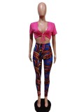 Rose V-Neck Short Sleeves Crop Top and Print Tight Pants 2PCS Set