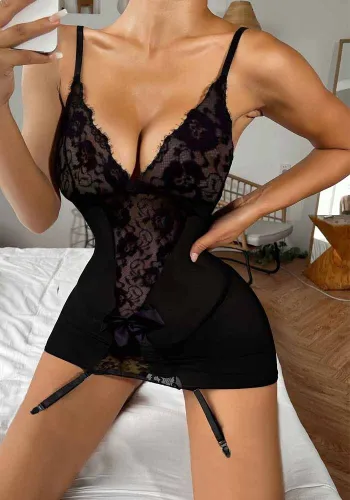 Black Lace Cami Mini Dress and T-Back Garter Lingerie 2PCS Set