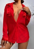 Red Silk Long Sleeves Blouse with Pocket