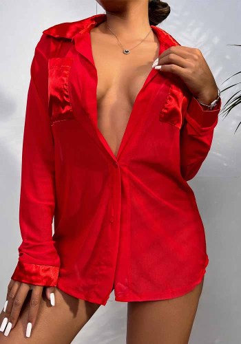 Red Silk Long Sleeves Blouse with Pocket