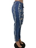 Lt-Blue High Waist Zip Fly Ripped Fringe Jeans