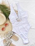 White V-Neck Cut Out High Leg One Piece Swimsuit