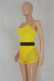 Yellow Sleeveless Cami Bobysuit and High Waist Skinny Shorts 2PCS Set