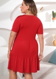 Plus Size Red V-Neck Short Sleeves Loose Mini Shirring Dress