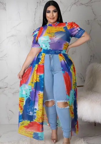 Plus Size Print Mesh Mock Neck Short Sleeves Long Dress