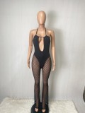 Black Mesh Patchwork Keyhole Cami Halter Sleeveless Jumpsuit