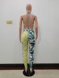 Floral Print Yellow Halter Cami Backless Lace Up Crop Top and Pants 2PCS Set