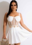 White Mesh Patched Sleeveless Cami Mini Pleated Dress