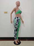 Floral Print Green Halter Cami Backless Lace Up Crop Top and Pants 2PCS Set