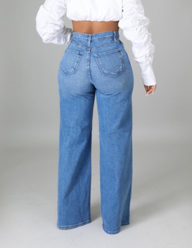 Blue High Waist Zip Fly Wide Straight Jeans with Pocket