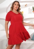Plus Size Red V-Neck Short Sleeves Loose Mini Shirring Dress