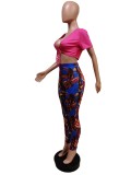 Rose V-Neck Short Sleeves Crop Top and Print Tight Pants 2PCS Set