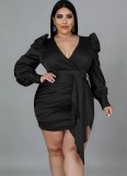 Plus Size Black V-Neck Long Sleeves Mini Slinky Pencil Dress