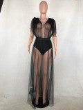 Black Chiffon See Through Deep-V Short Sleeves Ruffle Maxi Dress