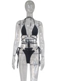 Black Underwire Cami Lace Up Halter Bikini Two Piece Set