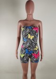 Butterfly Print Black Strapless Sleeveless Slim Fit Rompers