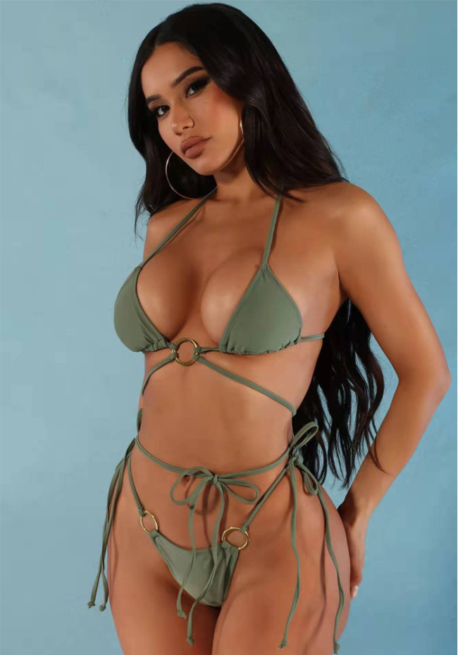Green Underwire Cami Lace Up Halter Bikini Two Piece Set