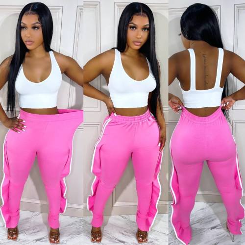 Hot Pink Ruffle Fashion Pants with Side Stripe