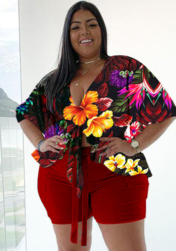 Plus Size Floral Print Red V-Neck Half Sleeves Tie Ruffle Shirt and Short 2PCS Set