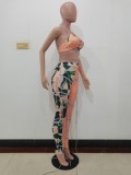 Floral Print Orange Halter Cami Backless Lace Up Crop Top and Pants 2PCS Set