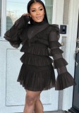 Black Mesh Turtleneck Long Sleeves Ruffle Dress and Cami Mini Dress 2PCS Set