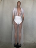 White Chiffon See Through Deep-V Short Sleeves Ruffle Maxi Dress