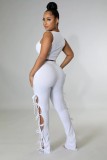 White Sleeveless O-Neck Crop Top and Tight Lace Up Pants 2PCS Set