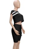 Striped Print Black O-Neck Short Sleeves Crop Top and High Waist Shorts 2PCS Set