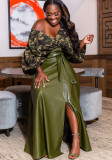 Green PU Leather High Waist Belted Maxi Skirts with Pocket